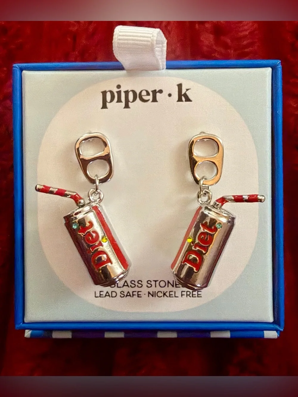 Piper K Red and Silver Soda Can Drop Earrings with Striped Straw